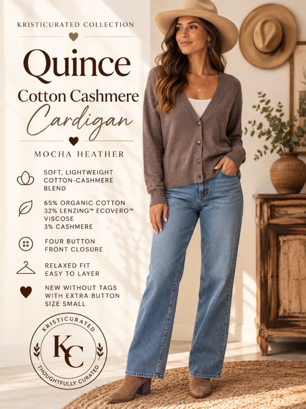 Quince Cotton Cashmere Cardigan S Mocha Heather Brown NWOT
